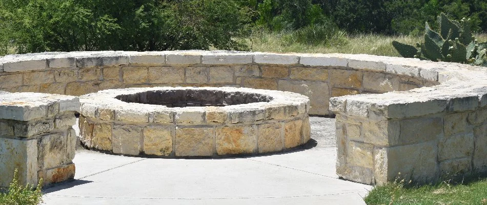 Fire pit on a round patio in Lititz, PA.